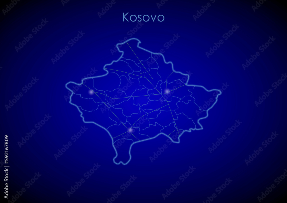 Kosovo concept map with glowing cities and network covering the country, map of Kosovo suitable for technology or innovation or internet concepts.