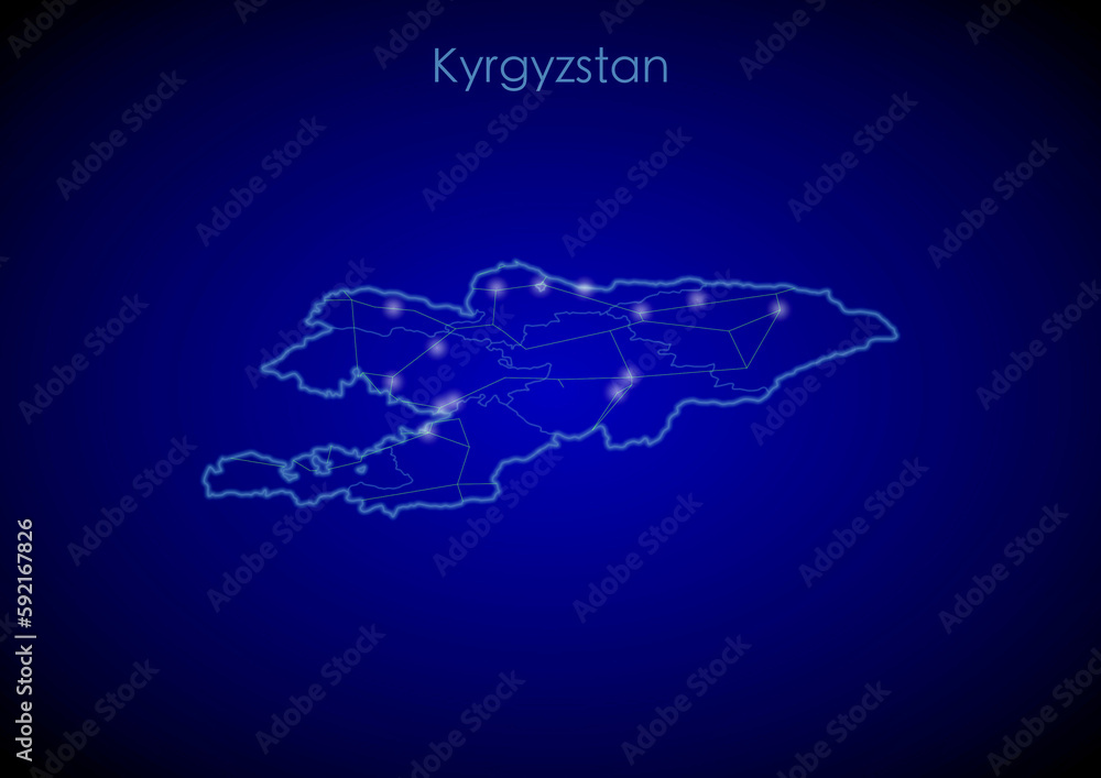Kyrgyzstan concept map with glowing cities and network covering the country, map of Kyrgyzstan suitable for technology or innovation or internet concepts.
