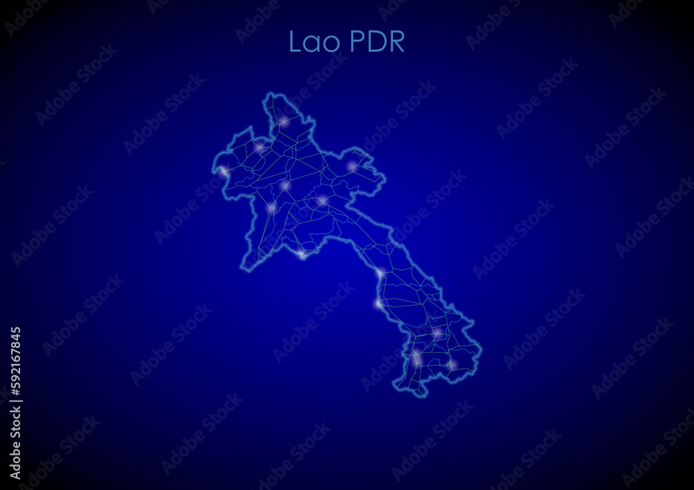 Lao PDR concept map with glowing cities and network covering the country, map of Lao PDR suitable for technology or innovation or internet concepts.