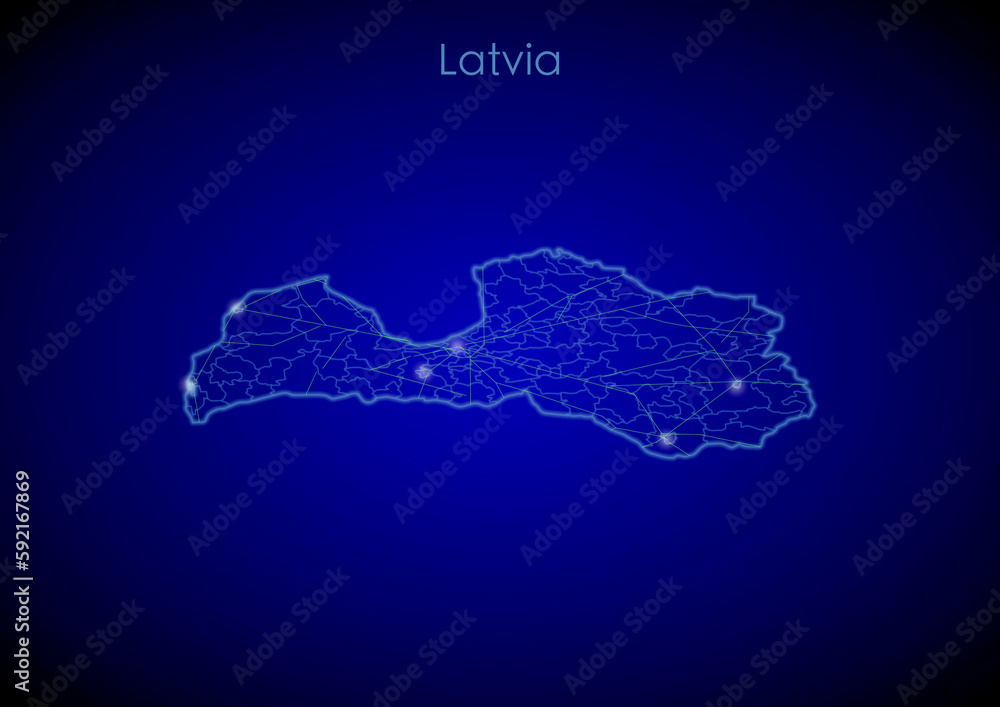 Latvia concept map with glowing cities and network covering the country, map of Latvia suitable for technology or innovation or internet concepts.
