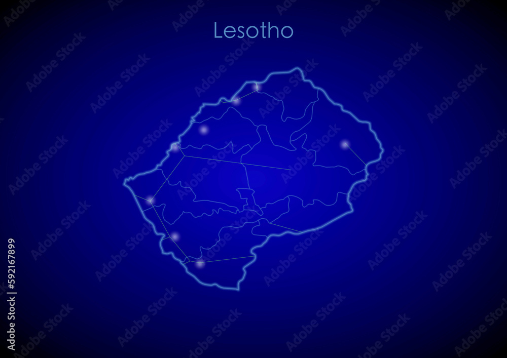 Lesotho concept map with glowing cities and network covering the country, map of Lesotho suitable for technology or innovation or internet concepts.