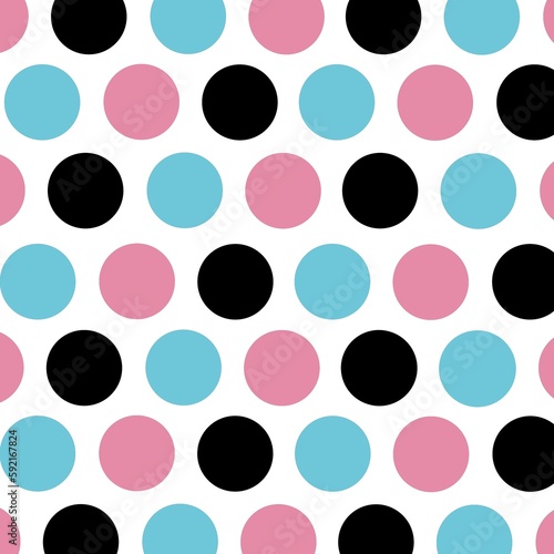 Black pink and blue polka dots on white background 
