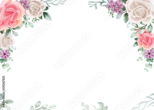 Rose white and pink Watercolor floral frame. Luxurious floral elements, botanical background or wallpaper design, prints and invitations, and postcards. © orchidart