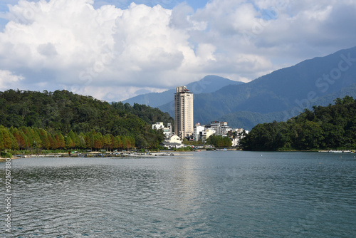 Beautiful view of buildings on the shore of Sun Moon Lake in Taiwan