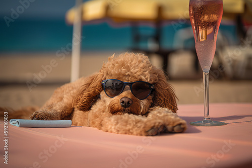 Summer animal creative concept, brown poodle dog with sunglasses enjoying on deckchair on beach, seashore. Hot sunny day. Illustration, Generative AI.