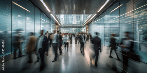 Multiple exposure rush of busy people against the backdrop of the interior of office buildings. Generative AI