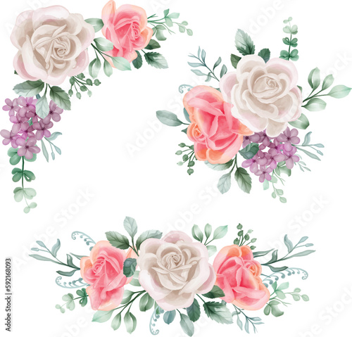 Rose white and pink Watercolor floral arrangement bouquet. Luxurious floral lilac elements, botanical background or wallpaper design, prints and invitations, and postcards.