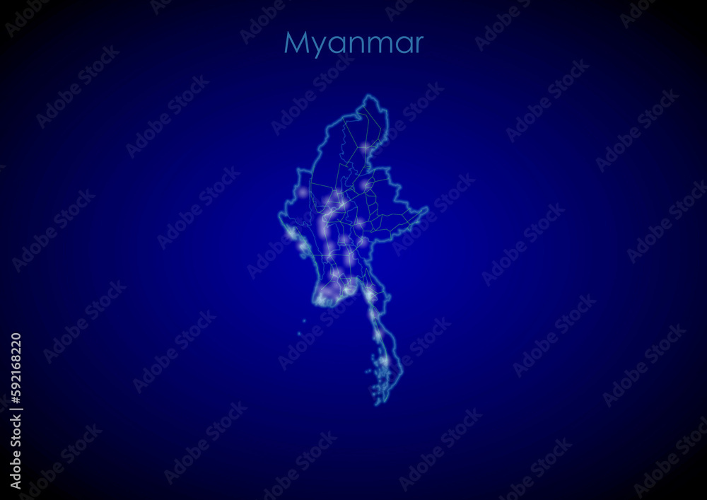 Myanmar concept map with glowing cities and network covering the country, map of Myanmar suitable for technology or innovation or internet concepts. Myanmar concept map with glowing cities and network covering the country, map of Myanmar suitable for technology or innovation or internet concepts.