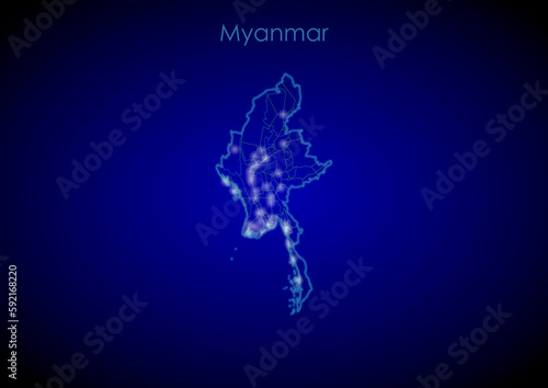 Myanmar concept map with glowing cities and network covering the country  map of Myanmar suitable for technology or innovation or internet concepts.
