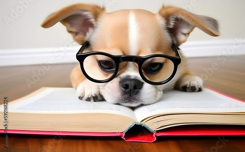 Cute puppy with book about bedtime stories.