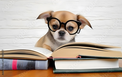 Cute puppy with book about bedtime stories. © ZayNyi