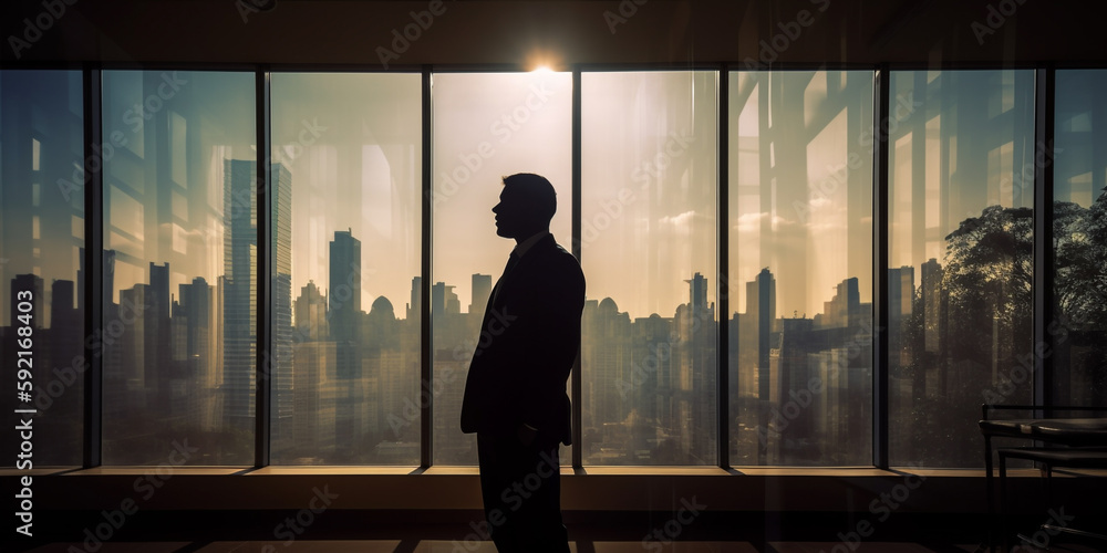 Multiple exposure silhouette of a businessman at the window in the office at sunset background. Generative AI Multiple exposure silhouette of a businessman at the window in the office at sunset background. Generative AI