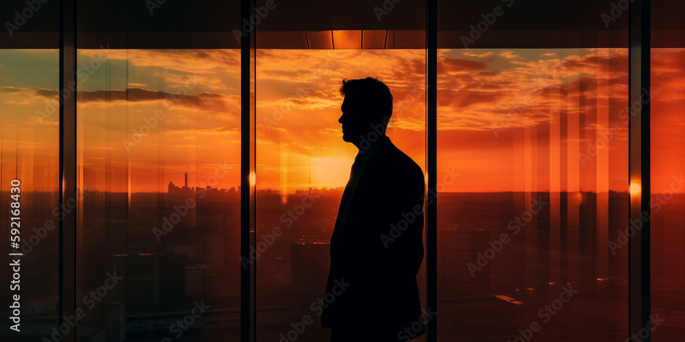 Multiple exposure silhouette of a businessman at the window in the office at sunset background. Generative AI	