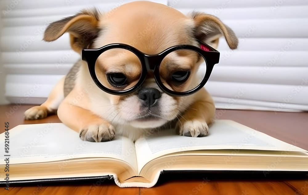 Cute PUG puppy with book about bedtime stories.