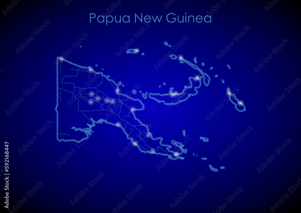 Papua New Guinea concept map with glowing cities and network covering the country, map of Papua New Guinea suitable for technology or innovation or internet concepts.