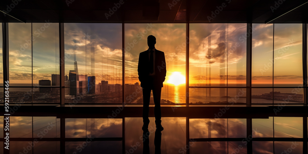 Multiple exposure silhouette of a businessman at the window in the office at sunset background. Generative AI	