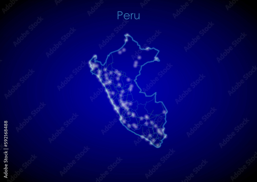 Peru concept map with glowing cities and network covering the country, map of Peru suitable for technology or innovation or internet concepts.