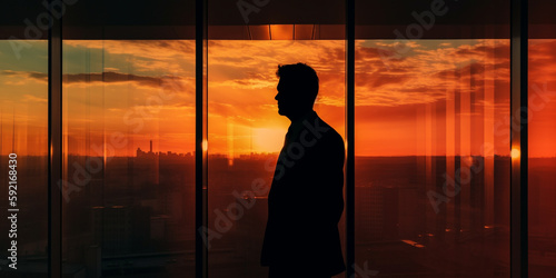 Multiple exposure silhouette of a businessman at the window in the office at sunset background. Generative AI 