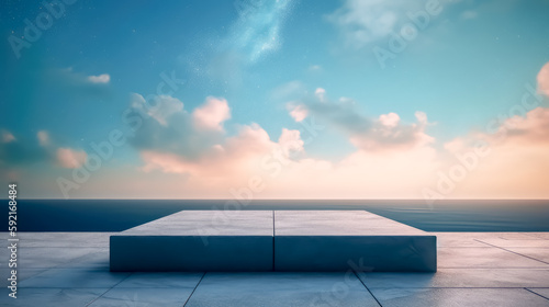 Ocean landscape with pedestal showcase ,sea and sky.Use for product presentation and banner.Generative AI © Paphawin