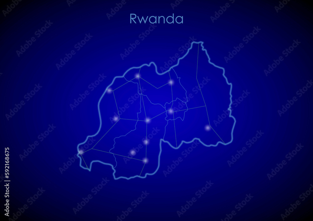 Rwanda concept map with glowing cities and network covering the country, map of Rwanda suitable for technology or innovation or internet concepts. Rwanda concept map with glowing cities and network covering the country, map of Rwanda suitable for technology or innovation or internet concepts.