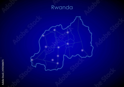 Rwanda concept map with glowing cities and network covering the country  map of Rwanda suitable for technology or innovation or internet concepts.