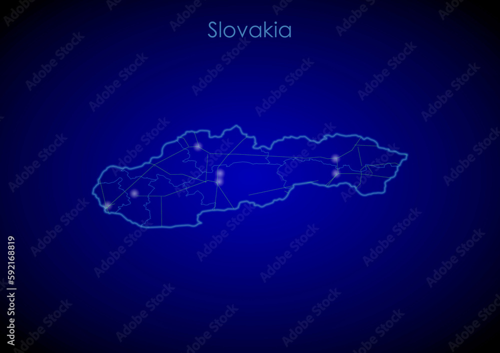 Slovakia concept map with glowing cities and network covering the country, map of Slovakia suitable for technology or innovation or internet concepts.