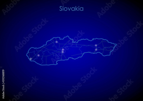 Slovakia concept map with glowing cities and network covering the country  map of Slovakia suitable for technology or innovation or internet concepts.