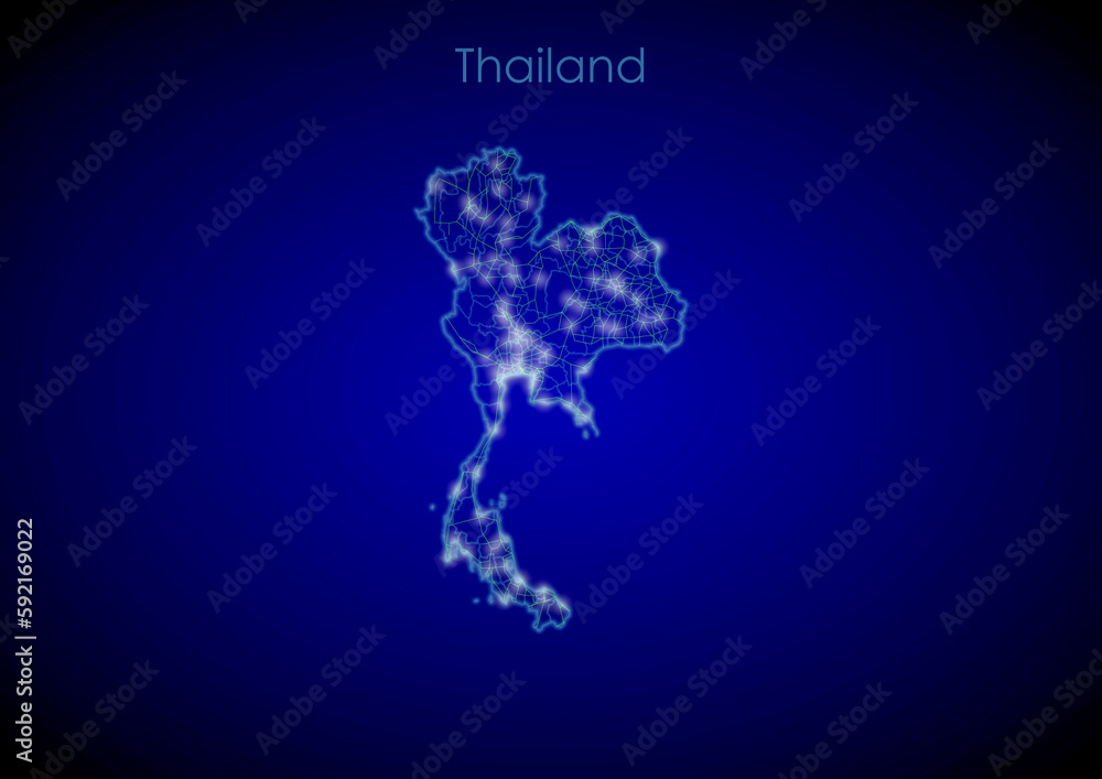 Thailand concept map with glowing cities and network covering the country, map of Thailand suitable for technology or innovation or internet concepts.
