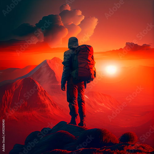 A man with a backpack on top of a mountain looks at the sunset