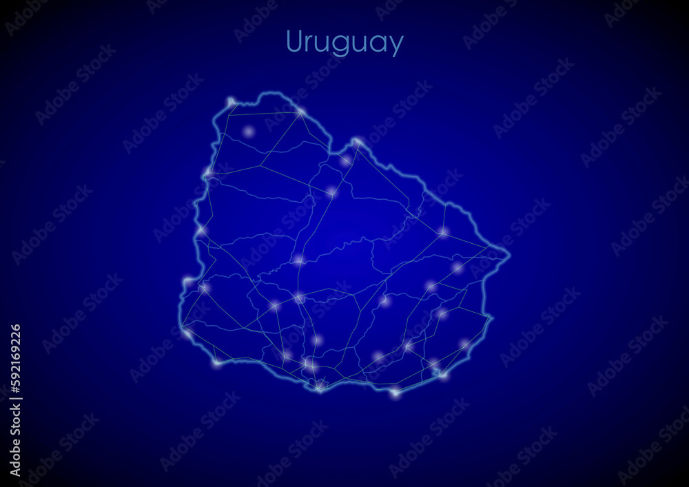 Uruguay concept map with glowing cities and network covering the country, map of Uruguay suitable for technology or innovation or internet concepts.