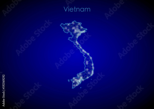 Vietnam concept map with glowing cities and network covering the country, map of Vietnam suitable for technology or innovation or internet concepts.