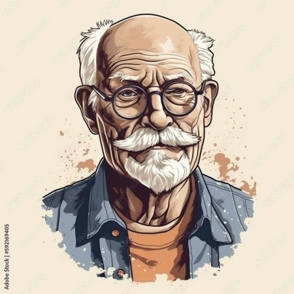 cheerful grandfather with glasses, portrait, drawing, generated in AI cheerful grandfather with glasses, portrait, drawing, generated in AI