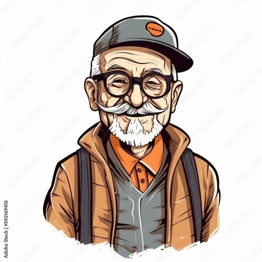 cheerful grandfather with glasses, portrait, drawing, generated in AI