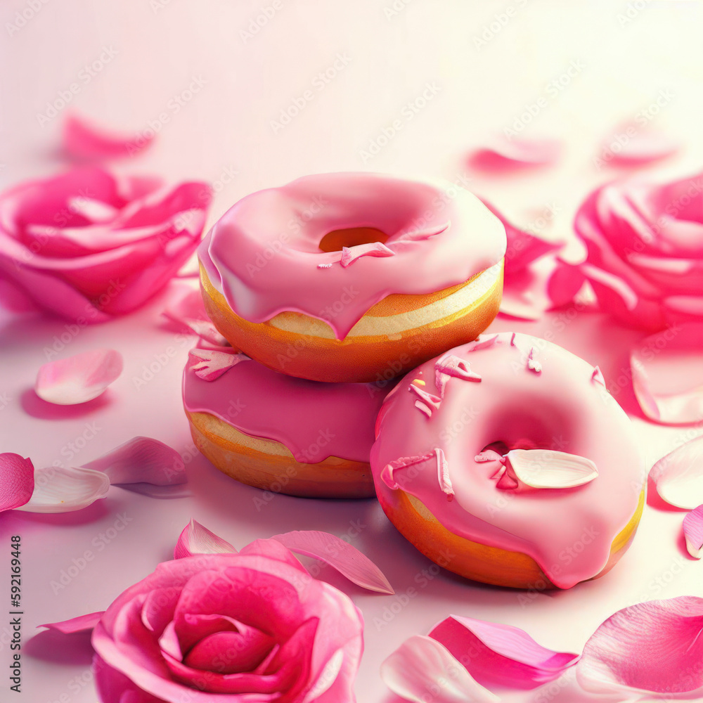 Pink glazed donuts for Valentine's Day, Mothers Day or Birthday, generative ai. Pink glazed donuts for Valentine's Day, Mothers Day or Birthday, generative ai.
