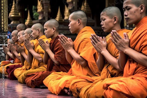Buddhist monks pray at Wat Phra That Doi Suthep, Chiang Mai, Thailand for Visakha Puja, Buddha's birth/enlightenment anniversary. Photo generative AI