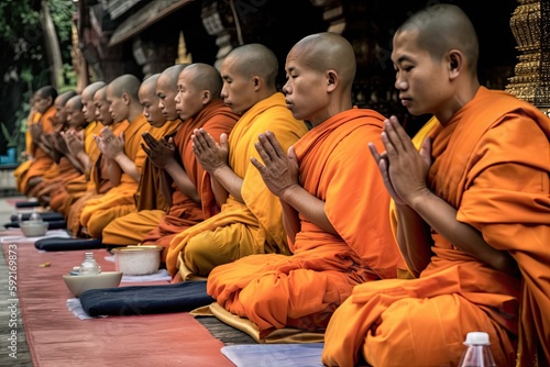 Buddhist monks pray at Wat Phra That Doi Suthep, Chiang Mai, Thailand for Visakha Puja, Buddha's birth/enlightenment anniversary. Photo generative AI