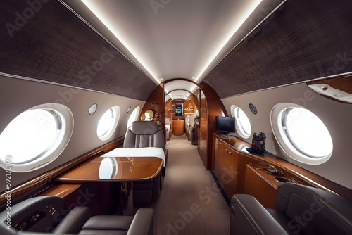 luxury interior in the modern business jet and sunlight table with booze and cutlery, food in flight clouds through the porthole. Generative AI © aapsky