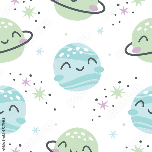 Children's vector space pattern. Smiling planets Saturn and Venus, stars. Pattern on white background for children's products 