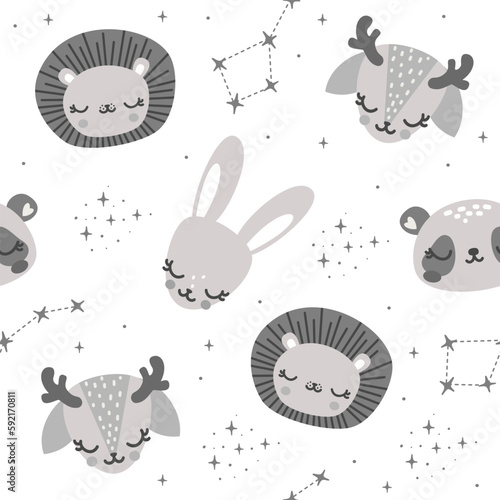 Seamless vector pattern. Cute sleeping animal faces. Lion cub, panda, deer, hare and bear constellation. Pattern for children's products 