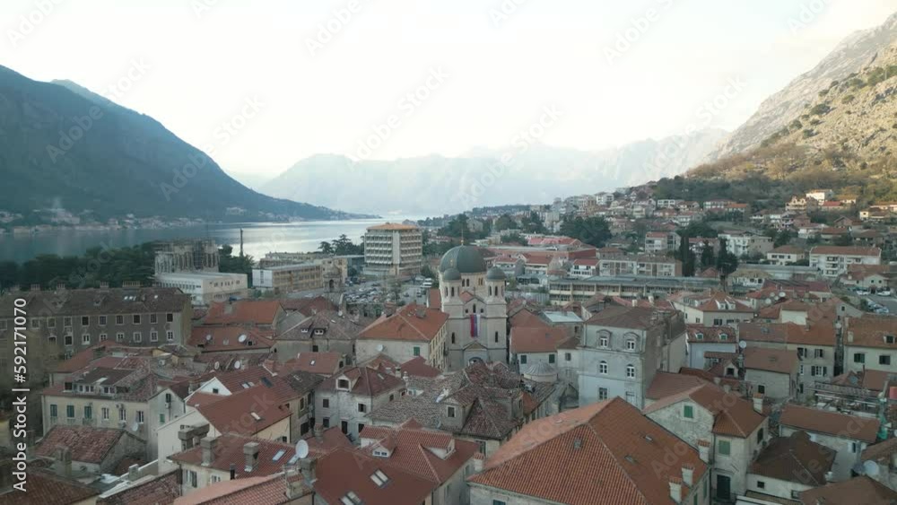 Drone dolley shot over downtown Kotor with a great view on the Adriatic Sea Drone dolley shot over downtown Kotor with a great view on the Adriatic Sea