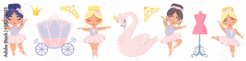 Vector set of children's illustrations. Beautiful delicate princess ballerinas, queen swan, carriage, mannequin, crowns. Children's set on white background 