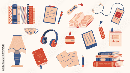 Set of colorful books, book stacks, candle, eBook, bookmark and cup of hot coffee. Vector hand drawn books with funny stuff.