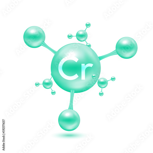 Chromium mineral in the form of atoms molecules green glossy. Chromium icon 3D isolated on white background. Minerals vitamins complex. Medical and science concept. Vector EPS10 illustration.