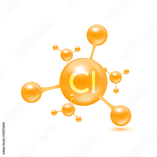 Chlorine mineral in the form of atoms molecules yellow glossy. Chlorine icon 3D isolated on white background. Minerals vitamins complex. Medical and science concept. Vector EPS10 illustration.