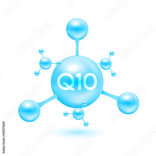 Coenzyme Q10 in the form of atoms molecules blue glossy. Q10 icon 3D isolated on white background. Minerals vitamin complex. Medical and science concept. Vector EPS10 illustration.