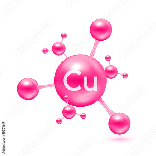 Minerals copper in the form of atoms molecules pink glossy. Icon 3D isolated on white background. Minerals vitamins complex. Medical and science concept. Vector EPS10 illustration.