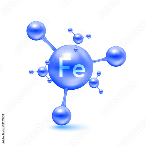 Iron mineral in the form of atoms molecules blue glossy.  iron icon 3D isolated on white background. Minerals vitamin complex. Medical and science concept. Vector EPS10 illustration.