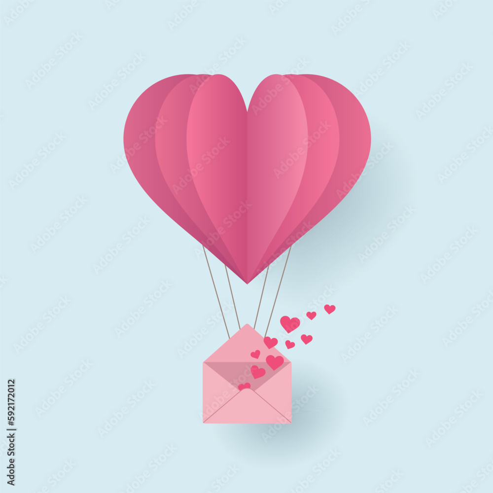 Paper cut pink heart shape origami made hot air balloon flying in the sky with love letter filled with many hearts
