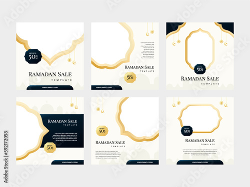exclusive Collection of Golden Frame Square Banner Social Media Post Templates, designed to honor the Holy Month of Ramadan. The opulent golden frames elegantly encapsulate the spirit of Ramadan.