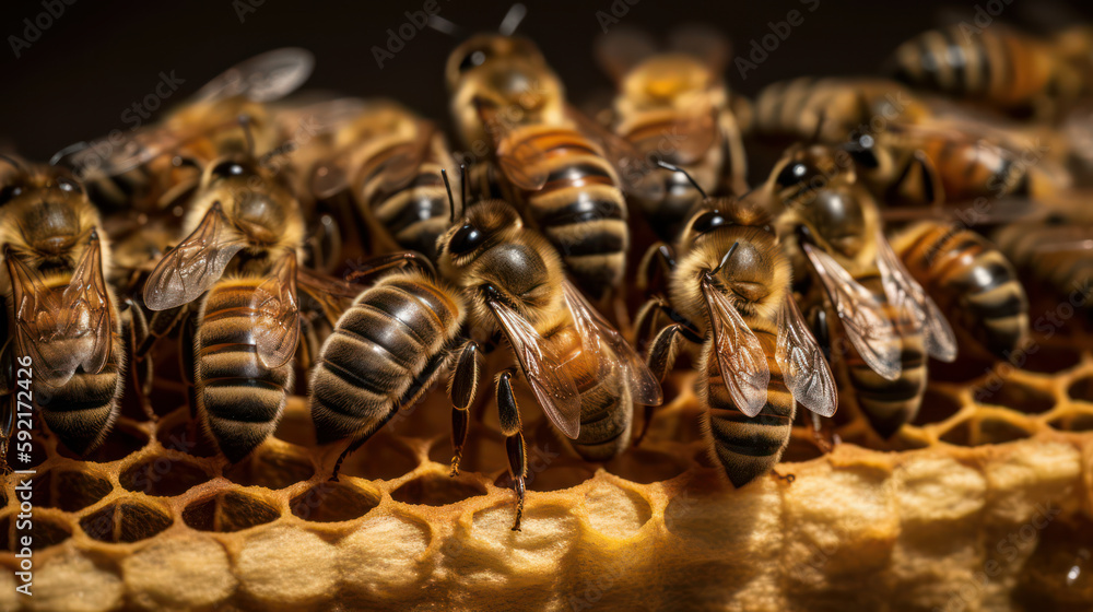 honey bees are working on a hive. Generative AI Art Illustration honey bees are working on a hive. Generative AI Art Illustration